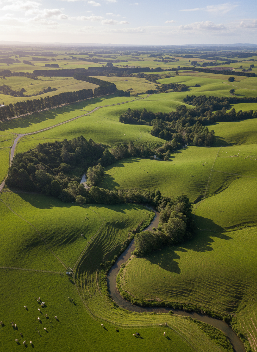 A carefully detailed aerial view of a large, lush whenua Māori block, with rich green paddocks, native bush remnants, and a winding stream forming natural boundaries. Well-maintained fence lines and gravel access roads subtly define ownership without dominating the scene. Soft late afternoon sunlight washes across the land, casting long gentle shadows from shelterbelts and contour lines, highlighting the varied topography. Photographic realism with a clean, modern aesthetic, shot from a high drone perspective with sharp focus throughout. The mood is professional, respectful, and hopeful, suggesting strategic governance and long-term kaitiakitanga. The sky is lightly clouded, providing diffused light that enhances detail without harsh contrast.