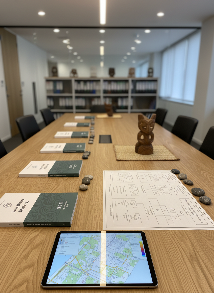 A meticulously organised whenua Māori advisory boardroom table, photographed from a slightly elevated angle in realistic detail. A long, natural oak table with visible grain is neatly arranged with bound land trust reports, a tablet displaying a cadastral map, and a printed succession planning chart with clear, structured boxes and arrows. At the far end of the table, a carved wooden taonga rests on a woven flax mat, anchoring the scene in tikanga. Soft, indirect daylight from large unseen windows fills the room, supplemented by subtle warm recessed ceiling lighting, creating a balanced, professional ambiance with gentle reflections on the table surface. The background shows a blurred hint of glass walls and shelving with carefully arranged documents. The mood is professional, orderly, and culturally grounded, in a clean, modern photographic style.