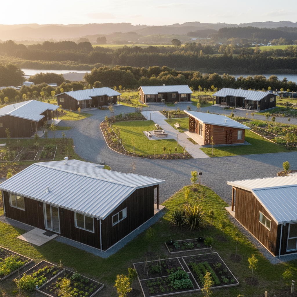 A detailed, photographic image of an emerging papakāinga development on whenua Māori, viewed from a slightly elevated angle. Several modern, modest single-level homes with dark timber cladding and light metal roofs are arranged along a curved shared driveway, surrounded by newly planted native trees and vegetable gardens. A central communal green space with a small meeting whare-like building anchors the development. Warm golden hour light bathes the scene, creating soft, elongated shadows and a welcoming glow on the timber textures and fresh planting. The composition balances sharp focus on the nearest homes with a gentle depth of field that softens the distant landscape. The mood is aspirational, practical, and community-focused, with a clean, contemporary, photographic realism style that communicates well-planned papakāinga design and consultancy outcomes.