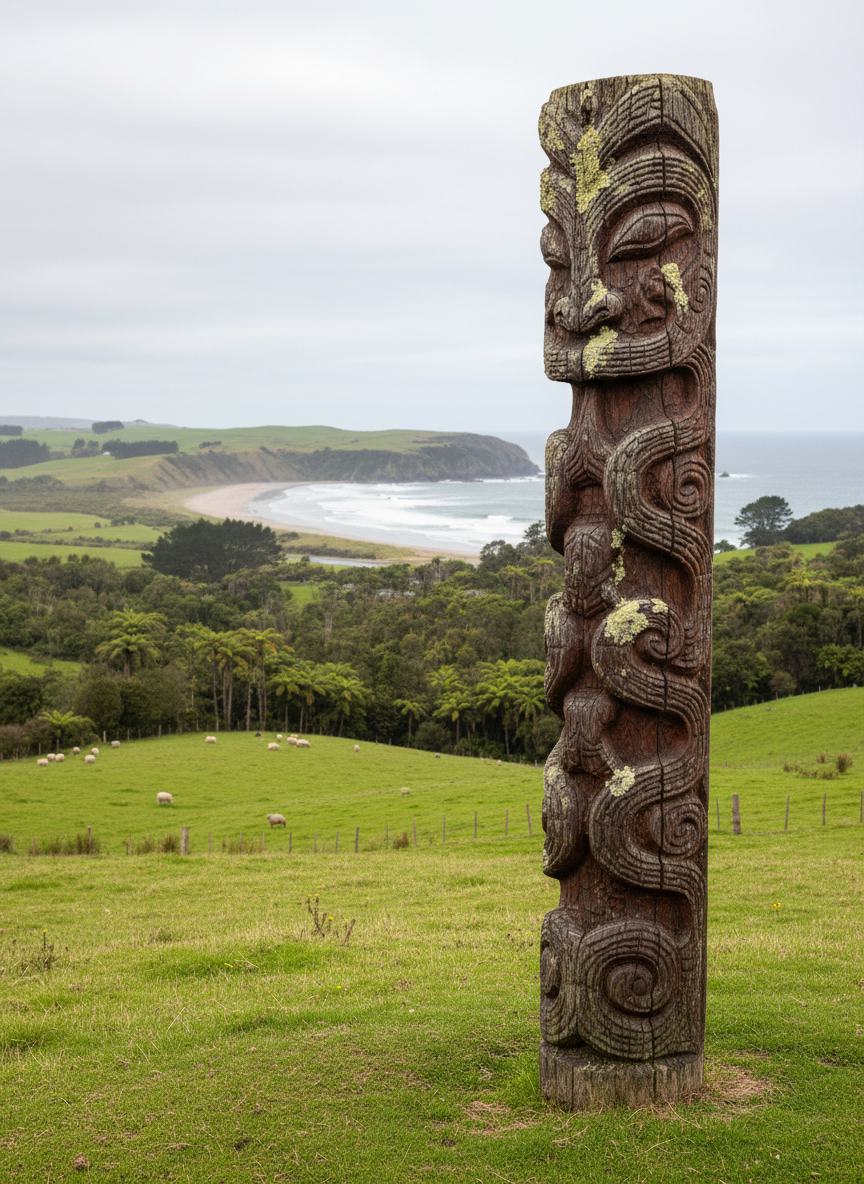 A dignified, photographic realism image of a carved wooden pou standing on a gentle rise overlooking a diverse whenua Māori landscape. The pou is intricately carved with traditional patterns, its weathered, rich brown surface showing fine texture and subtle lichen growth, symbolising enduring kaitiakitanga. Behind it stretch rolling pasture, regenerating native bush, and a distant coastal edge, all under soft, overcast daylight that produces even, diffused lighting and minimal harsh shadows. Composed using the rule of thirds, the pou is prominent in the foreground, with the land in crisp focus extending into the distance. The atmosphere is calm, respectful, and timeless, evoking intergenerational stewardship and holistic succession planning, presented in a clean, professional photographic style suitable for a corporate advisory website.