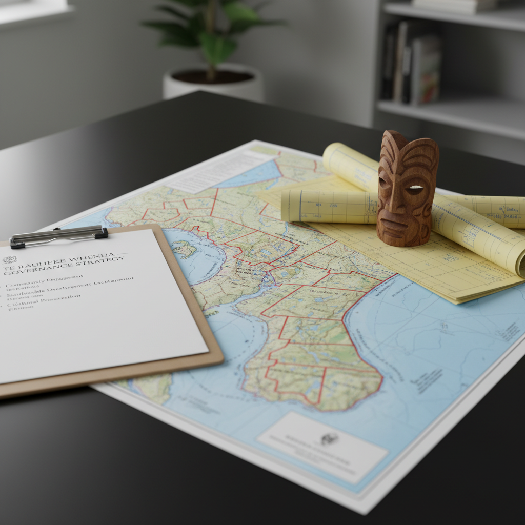 A close-up, eye-level photographic depiction of a carefully laid-out whenua Māori governance workspace on a smooth matte black table. A large detailed topographical land map with clear parcel boundaries, Māori land block names, and contour lines dominates the frame, partially overlapped by a wooden clipboard holding a neatly typed governance strategy document. Beside it, a traditional carved wooden paperweight anchors several folded survey plans. Soft, diffused daylight from an unseen window creates subtle highlights on the map’s glossy print and gentle shadows along the paper edges. The background fades into a softly blurred, professional office interior in neutral tones. The mood is analytical yet grounded in tikanga, with a clean, modern, photographic realism style that communicates clarity and professionalism.
